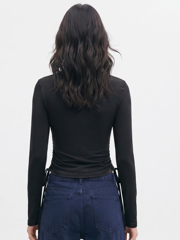 Black Studded V Neck Top With Side Ruching