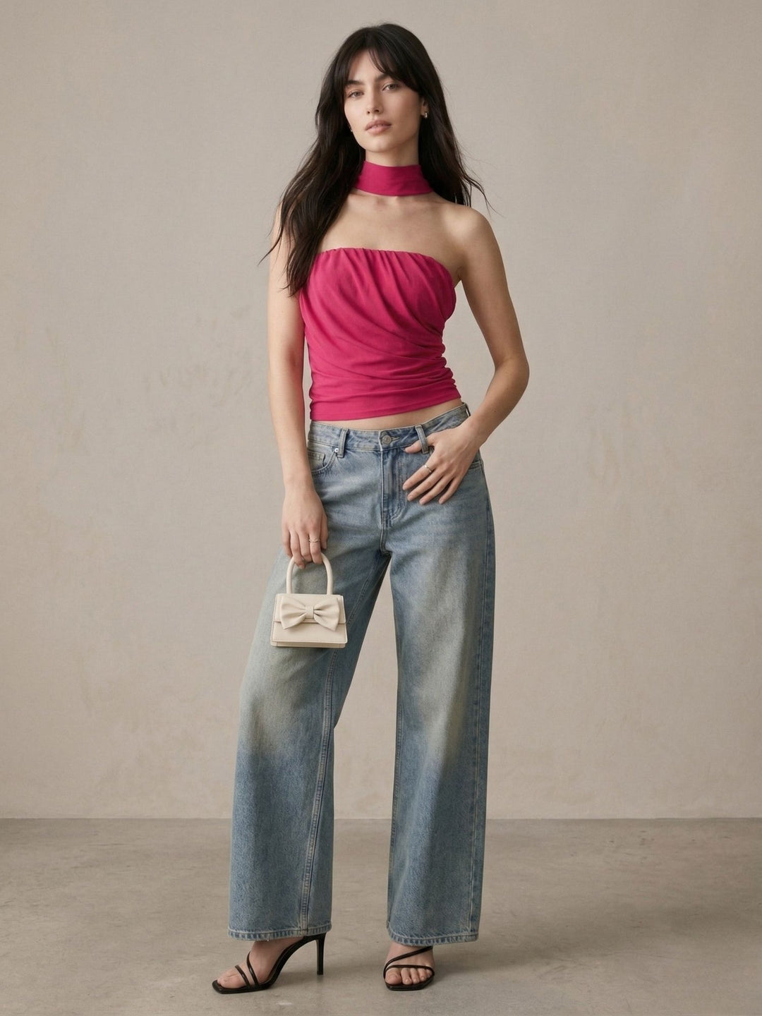 Pink Solid Tube Mesh Top With Scarf Detail