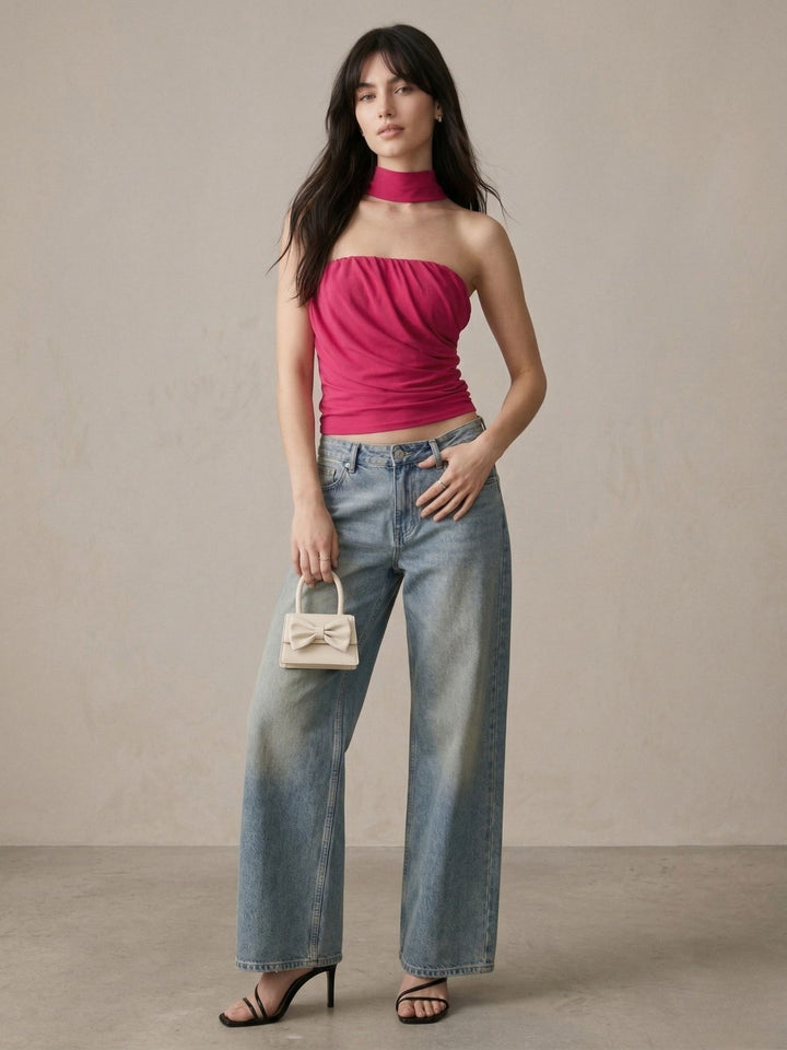 Pink Solid Tube Mesh Top With Scarf Detail