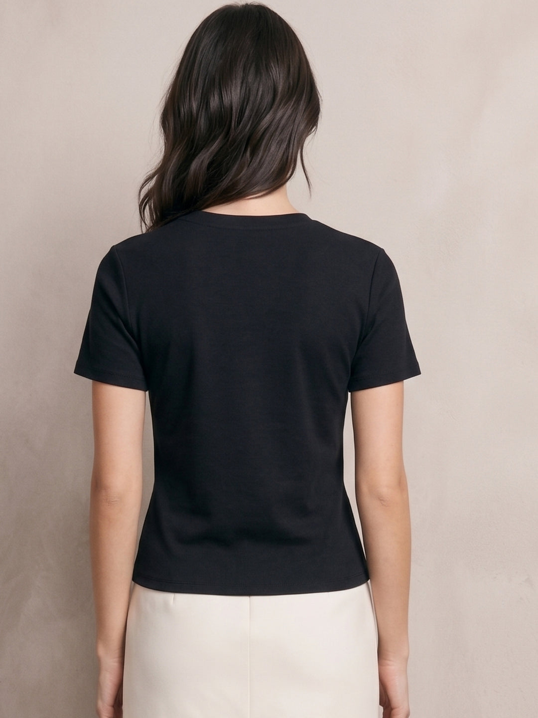 Black Fitted T-Shirt With Floral Embellishments