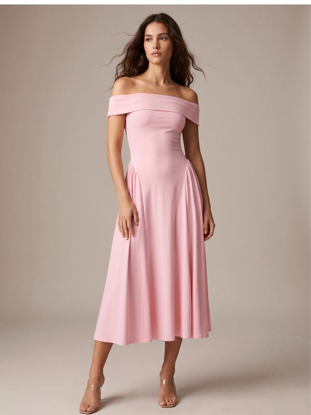 Pink Off Shoulder Tailored Flouncy Dress