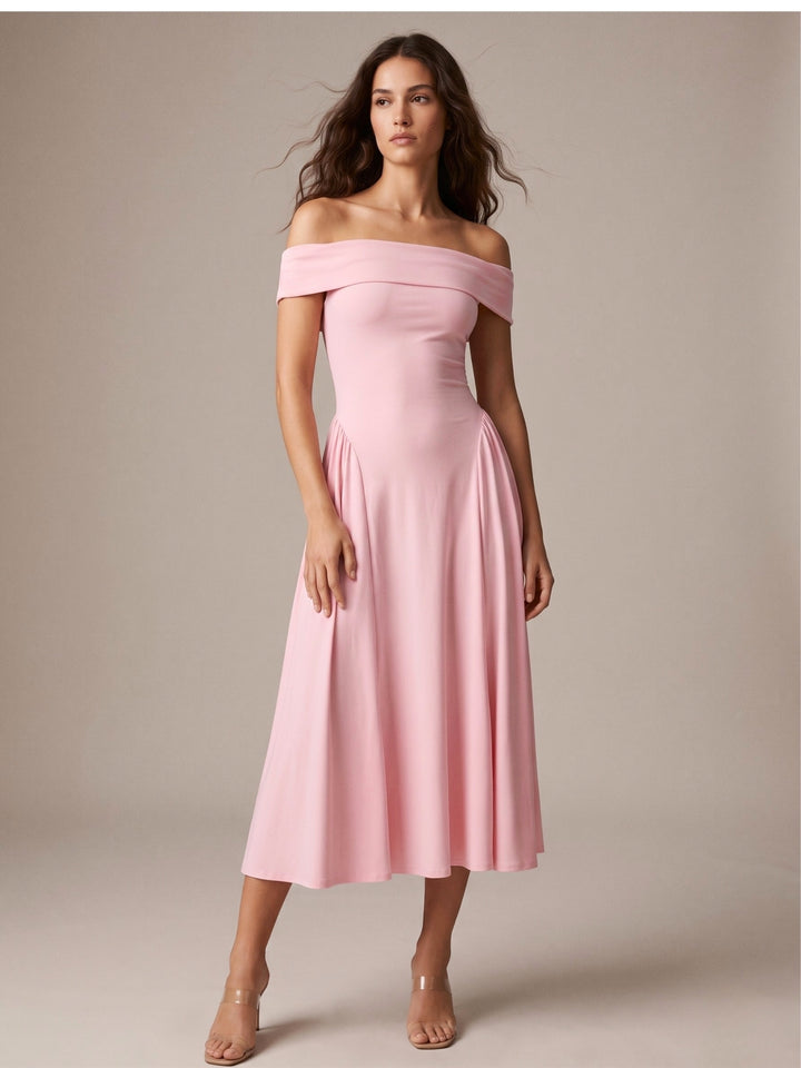 Pink Off Shoulder Tailored Flouncy Dress