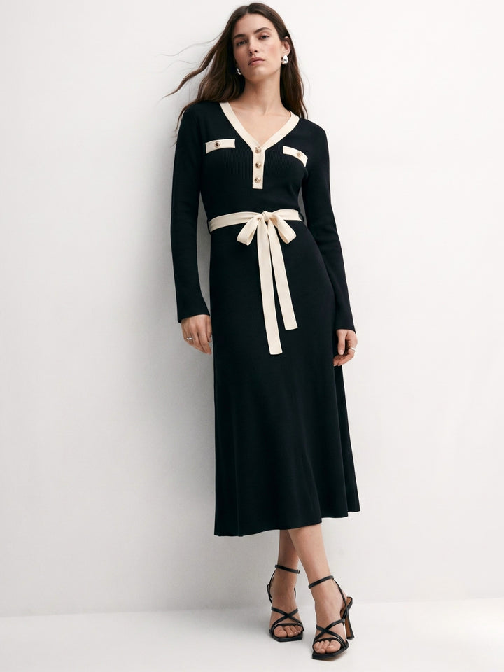 Black Plunge Neck Flared Dress With Contrast Binding And Belt Detail