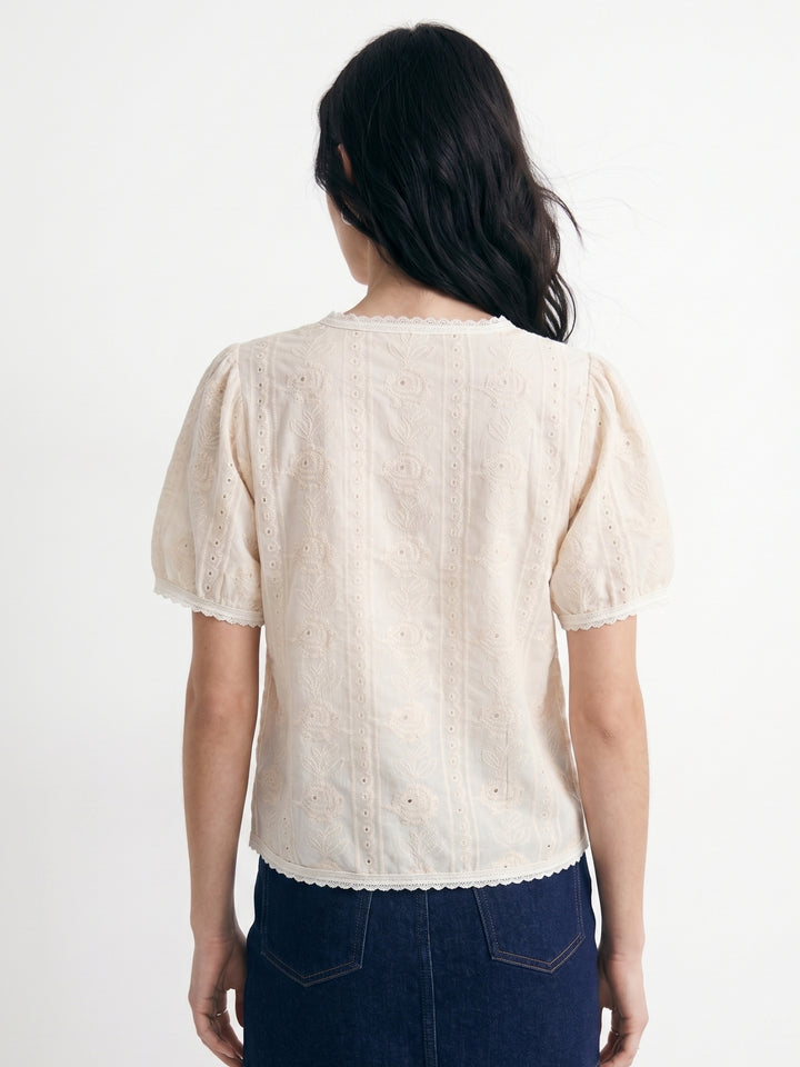 Cream Textured Lace Detail Front Buttoned Top