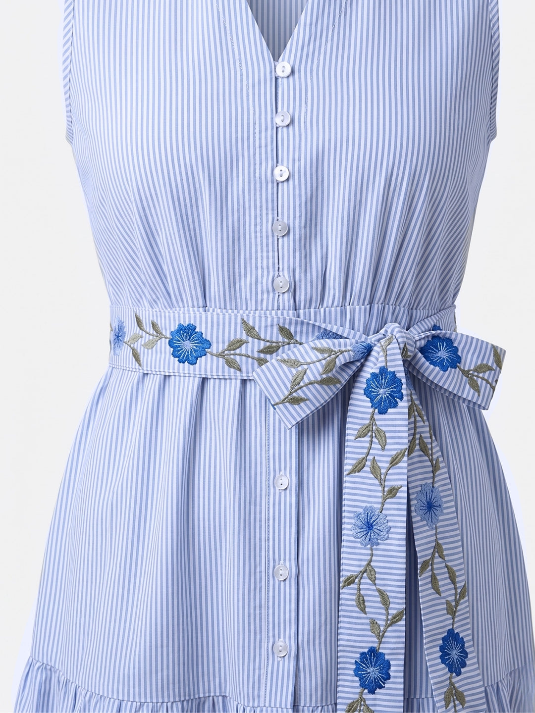 Blue Flared Tiered Stripe Shirt Dress With Embroidered Belt