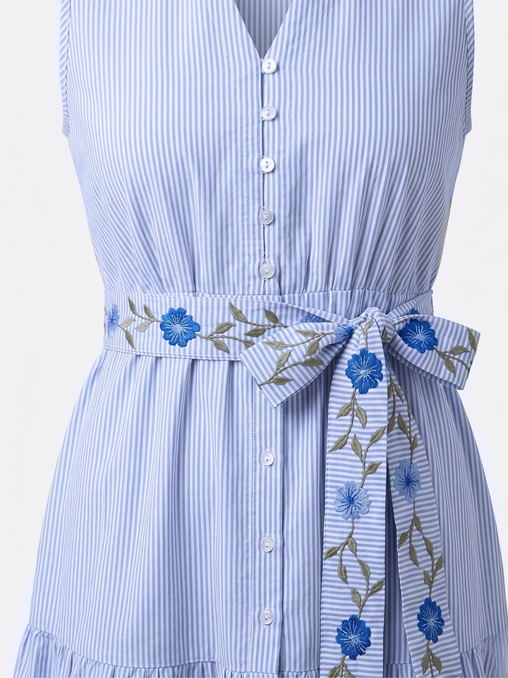 Blue Flared Tiered Stripe Shirt Dress With Embroidered Belt