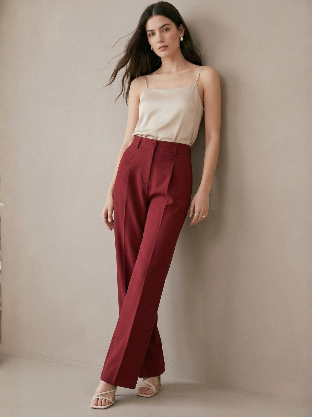 Red High Waist Front Pleated Pants