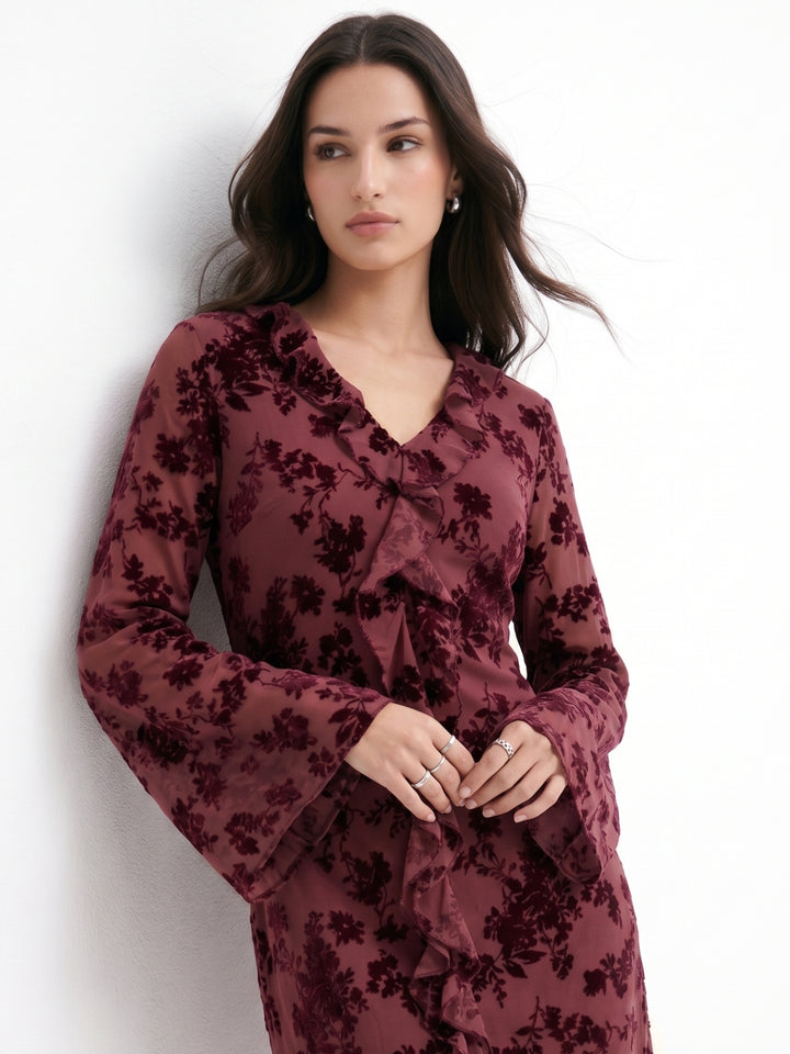 Wine Floral Mesh Ruffle Detail Dress