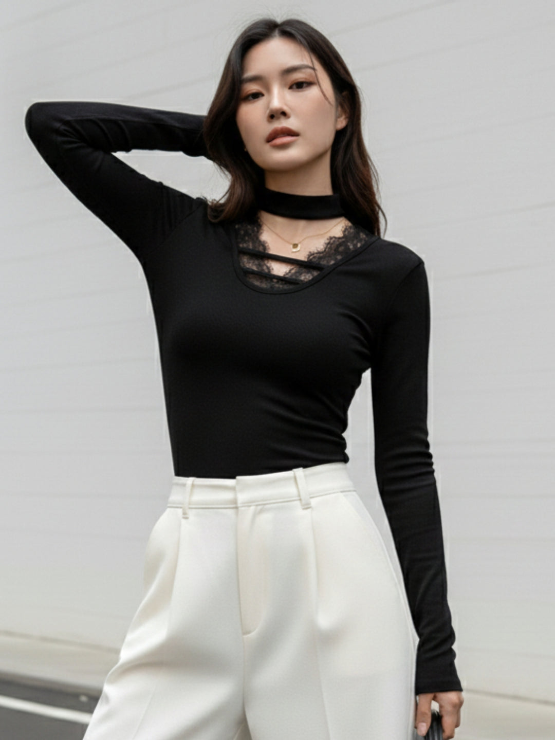 Black Full Sleeve Neck Detail Fitted Top