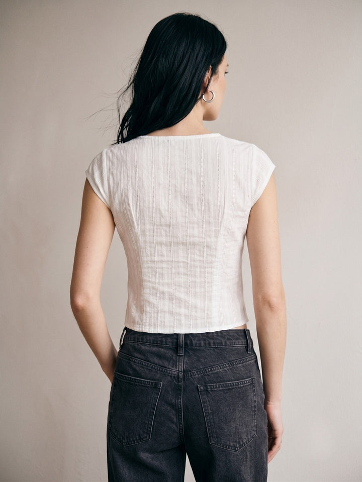 White Button Down Blouse With Lace Inserts On The Neck