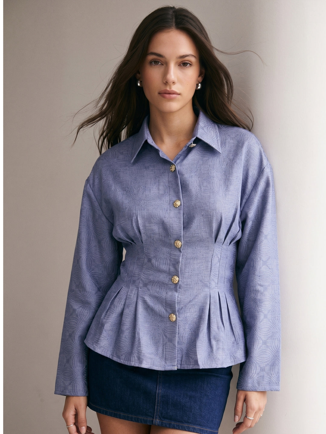 Blue Full Sleeves Front Pleated Shirt