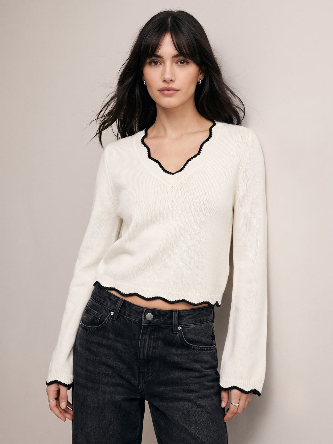 Cream Scallop Neck And Hem Regular Fitted Sweater