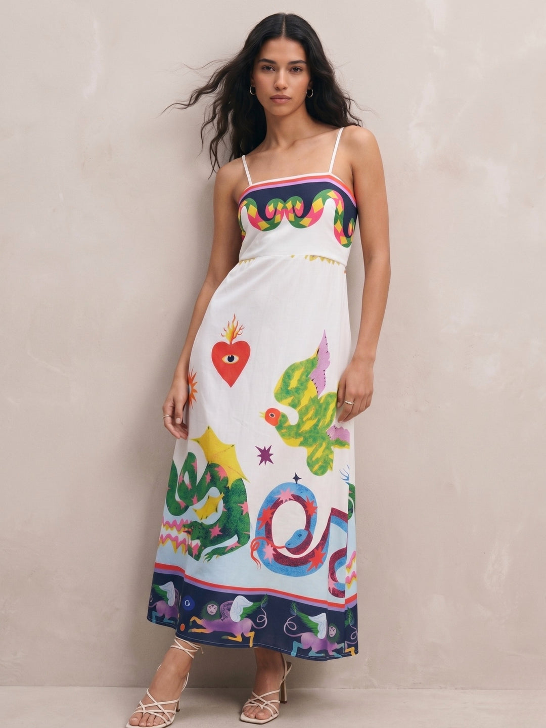 Off White Tropical Print Flared Maxi Dress