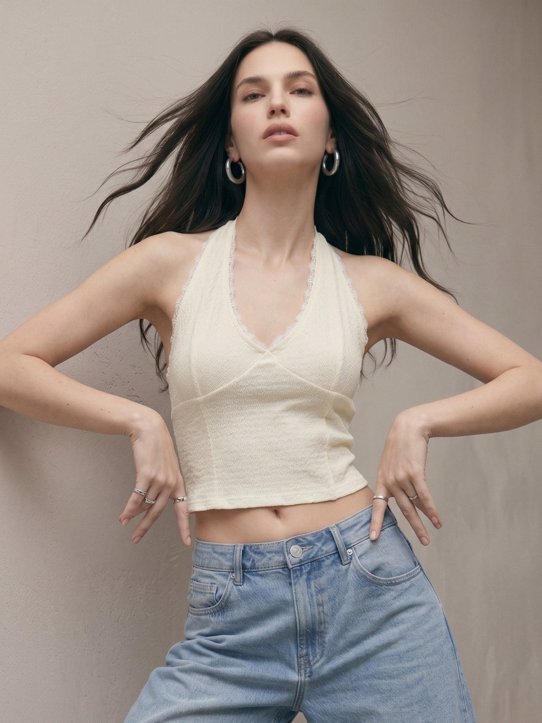 Cream Halter Tank Top With Lace Inserts