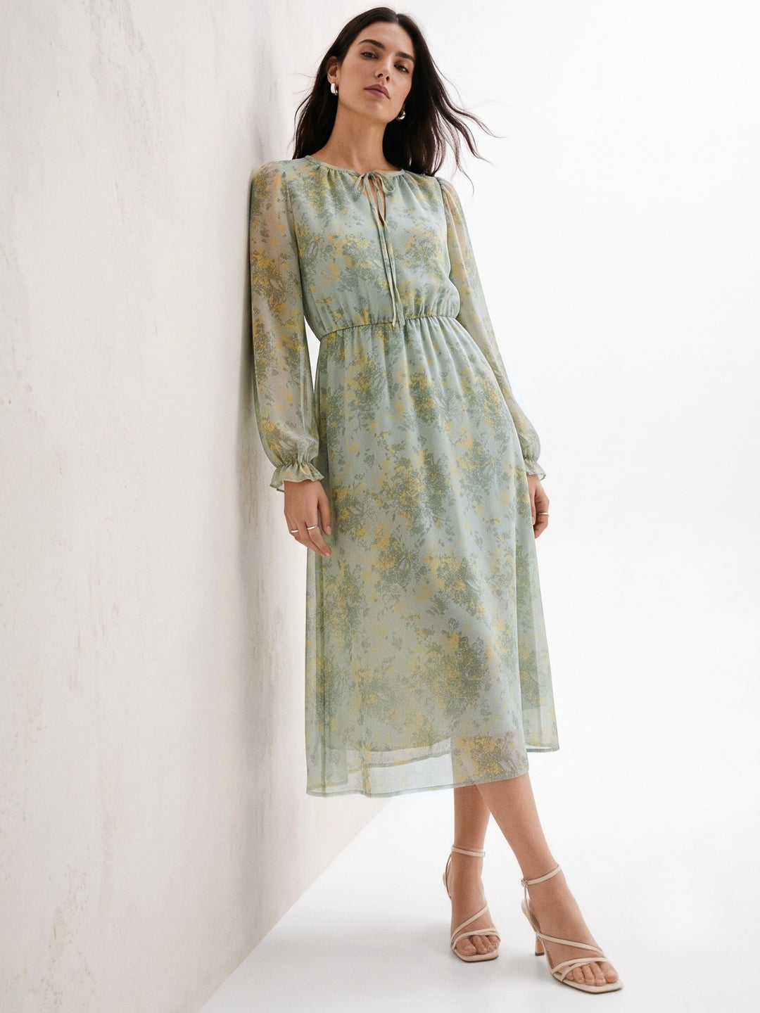 Green High Neck Printed Flowy Dress