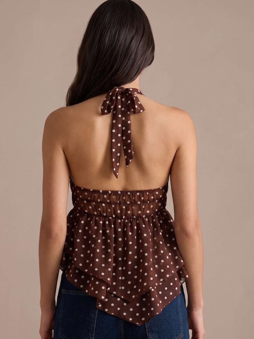 Brown Halter Neck Polka Top