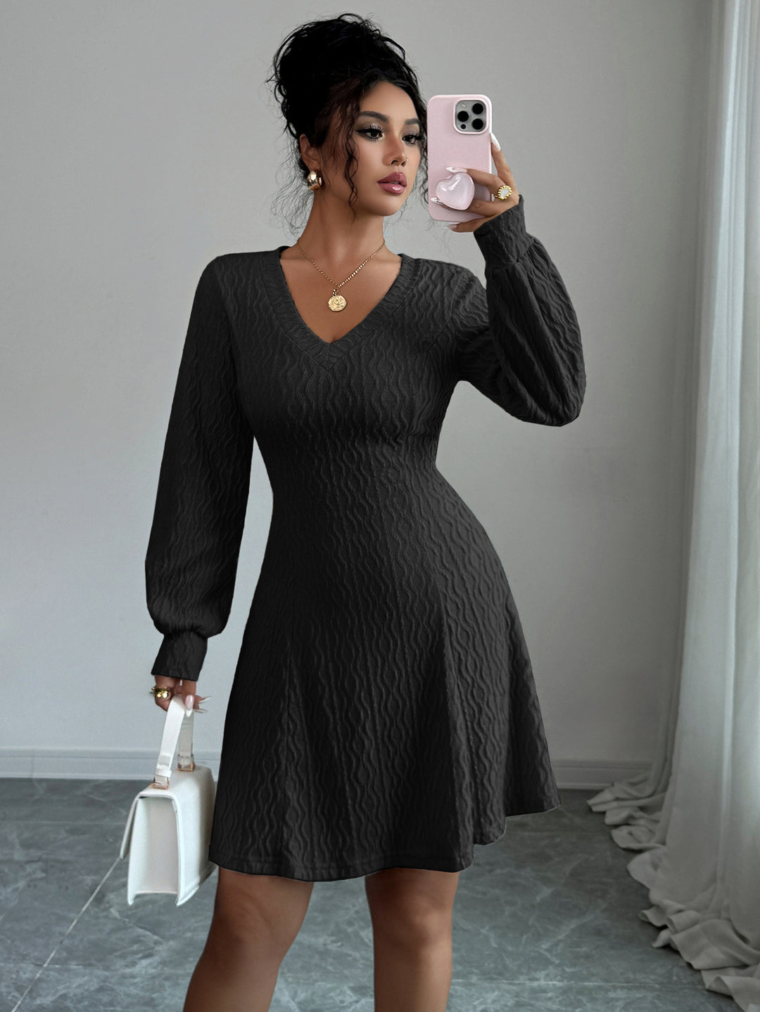 Black Textured V Neck Mini Dress