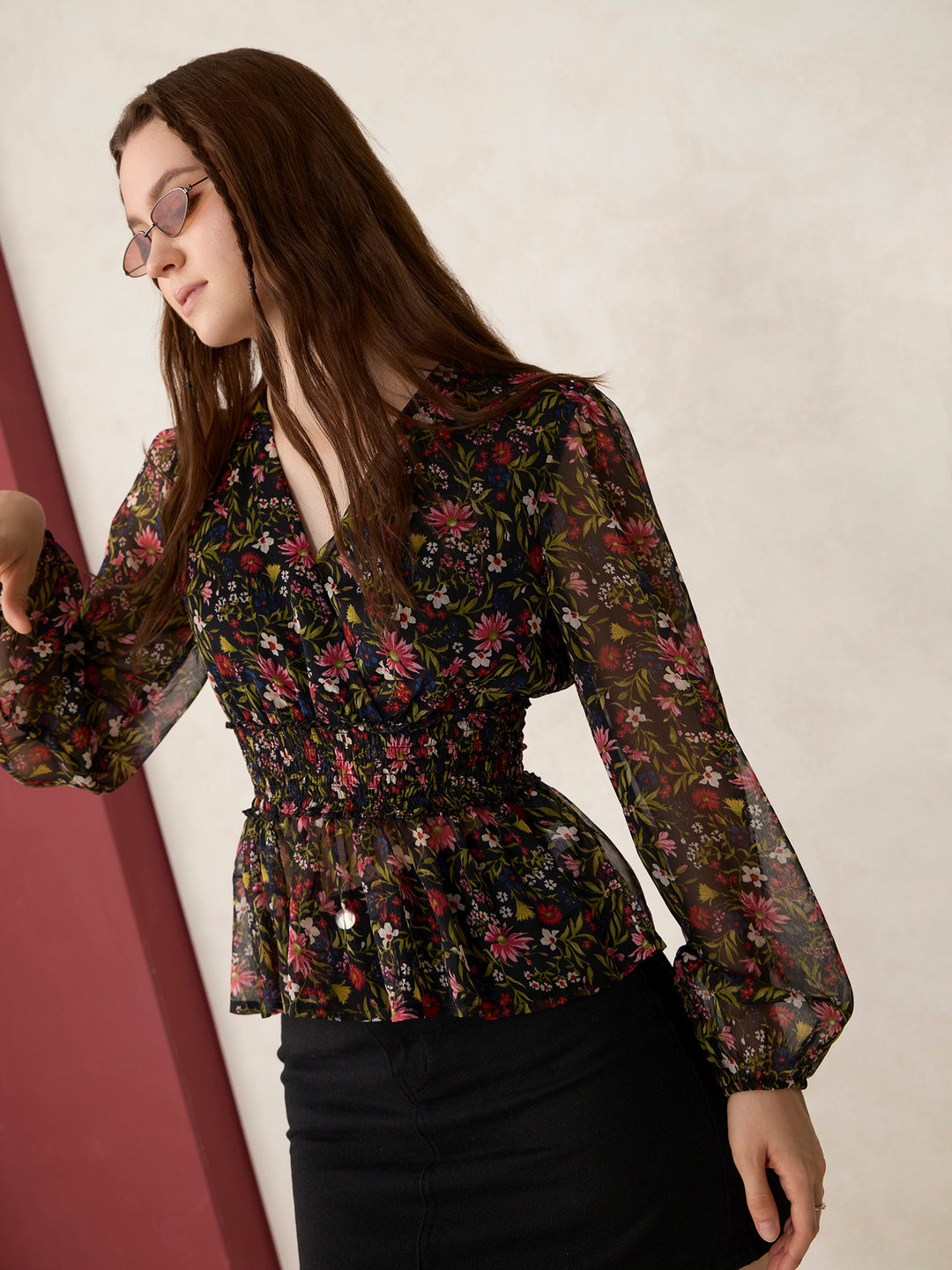 Black Printed Peplum Top