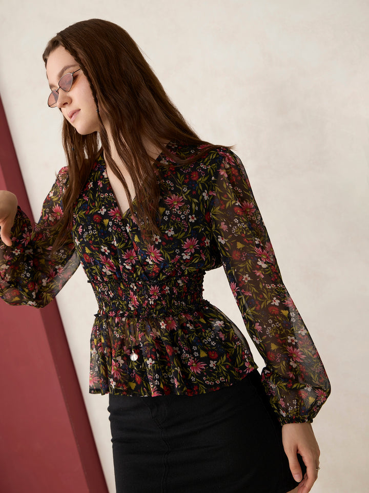 Black Printed Peplum Top