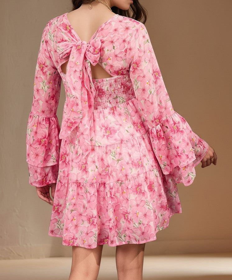 Pink Bell Sleeves Round Neck Printed Dress