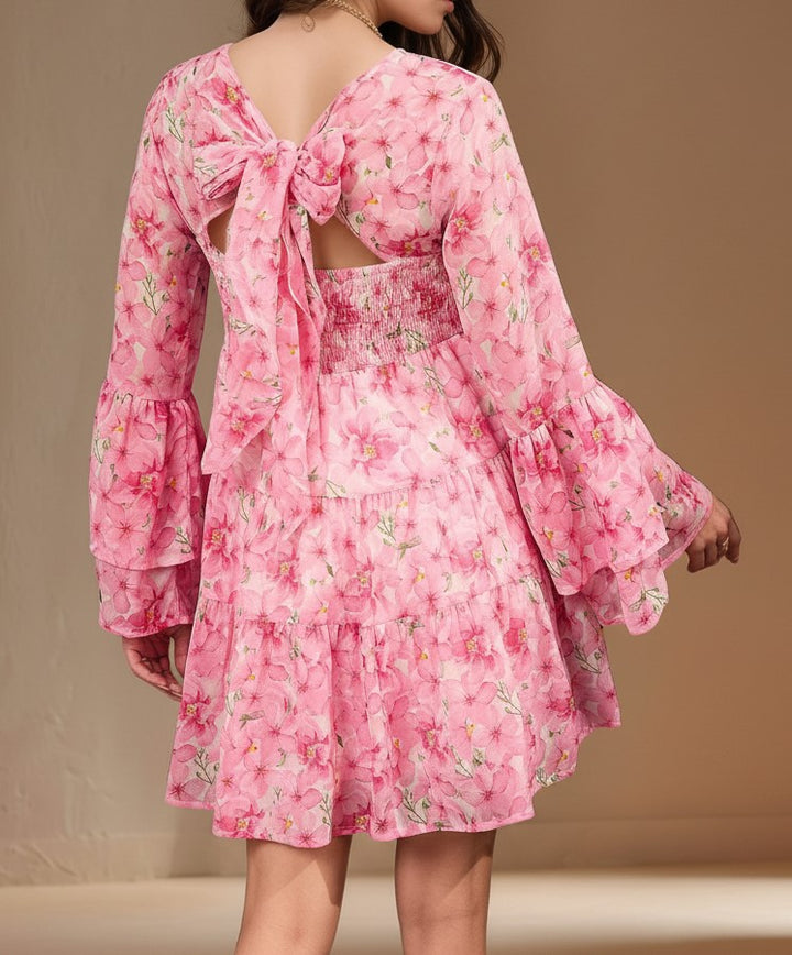Pink Bell Sleeves Round Neck Printed Dress