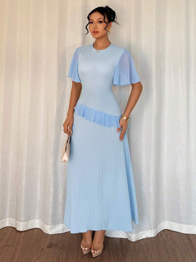 Blue Short Sleeve Frill Attached Dress