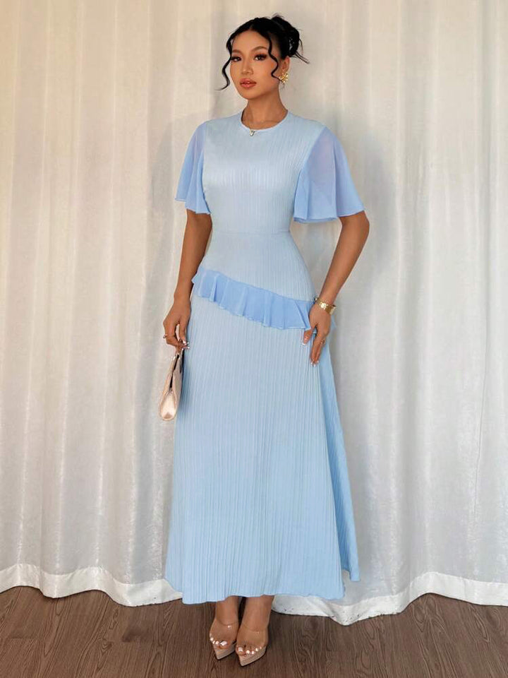Blue Short Sleeve Frill Attached Dress