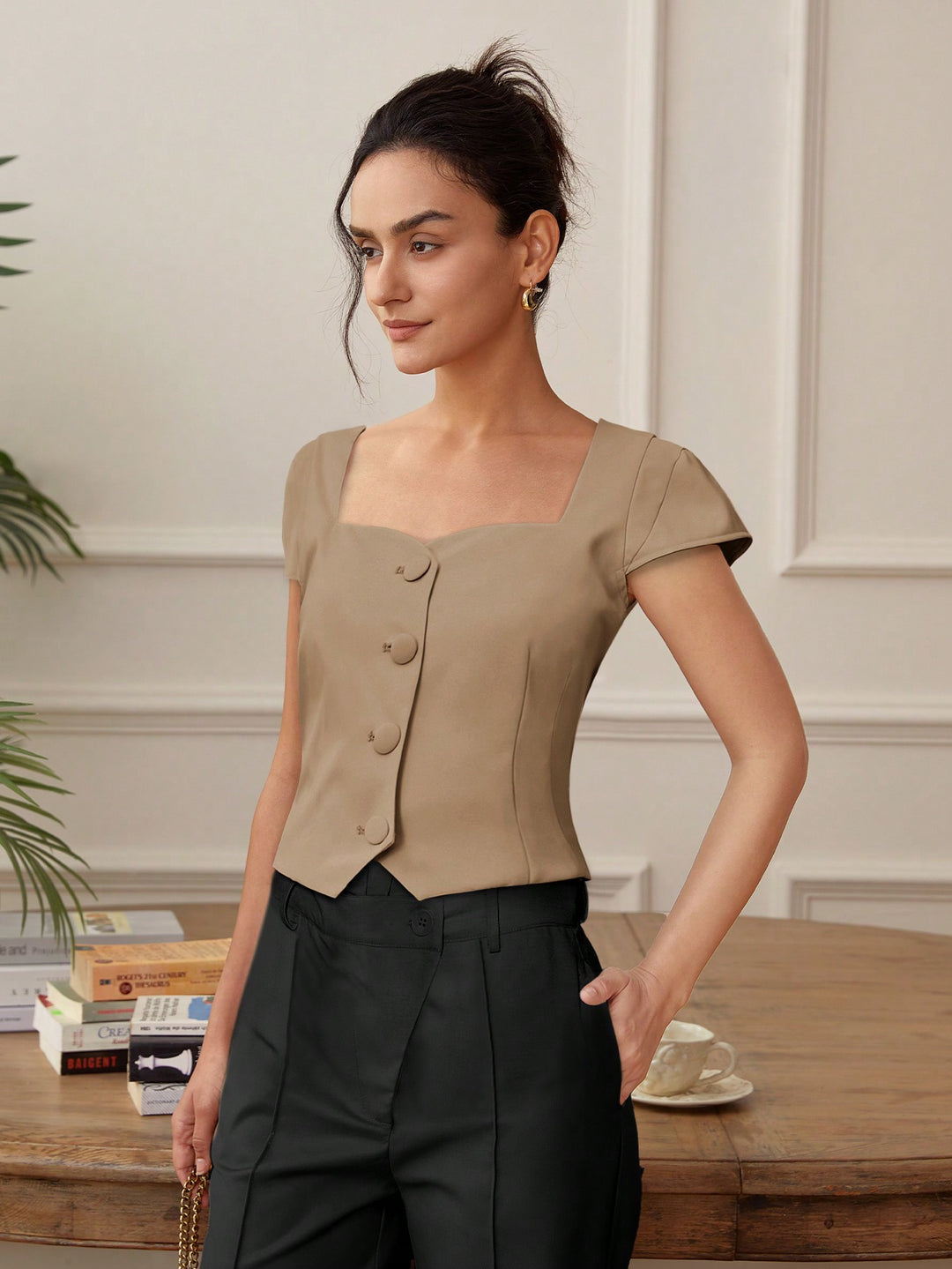 Beige Front Button Top