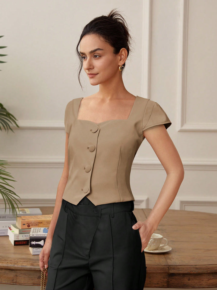 Beige Front Button Top