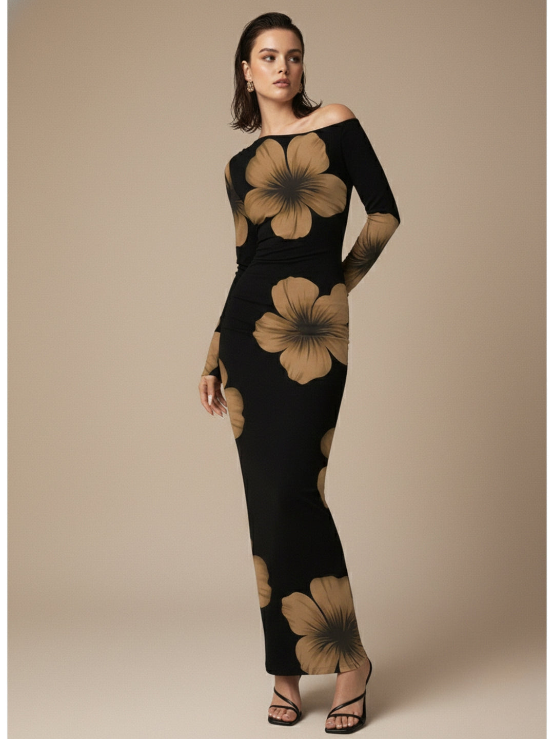 Black One Shoulder Floral Printed Dress