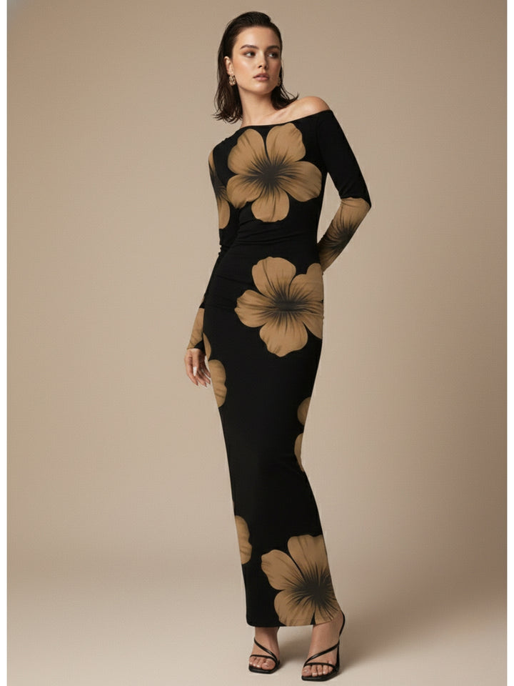 Black One Shoulder Floral Printed Dress