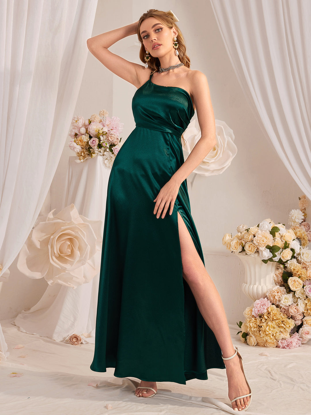 Dark Green One Shoulder Side Slit Dress