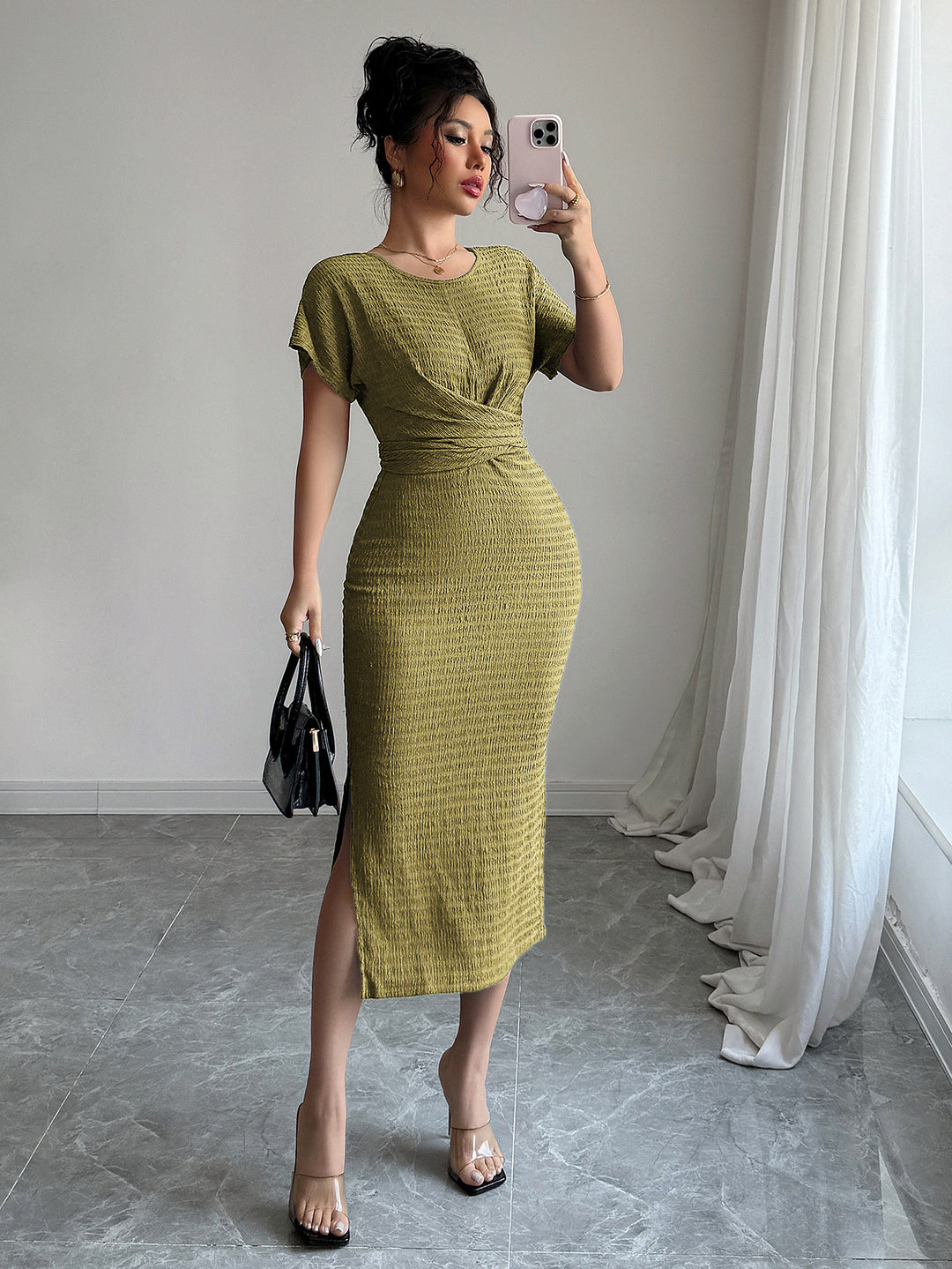 Olive Bodycon Ruched Midi Dress