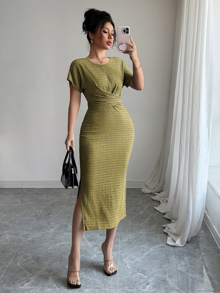 Olive Bodycon Ruched Midi Dress