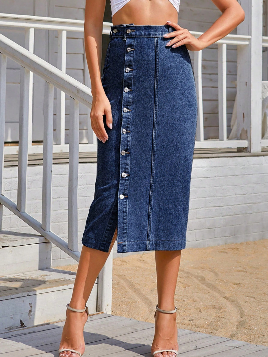 Blue Button Up Thigh High Slit Denim Skirt