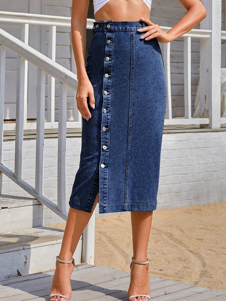 Blue Button Up Thigh High Slit Denim Skirt