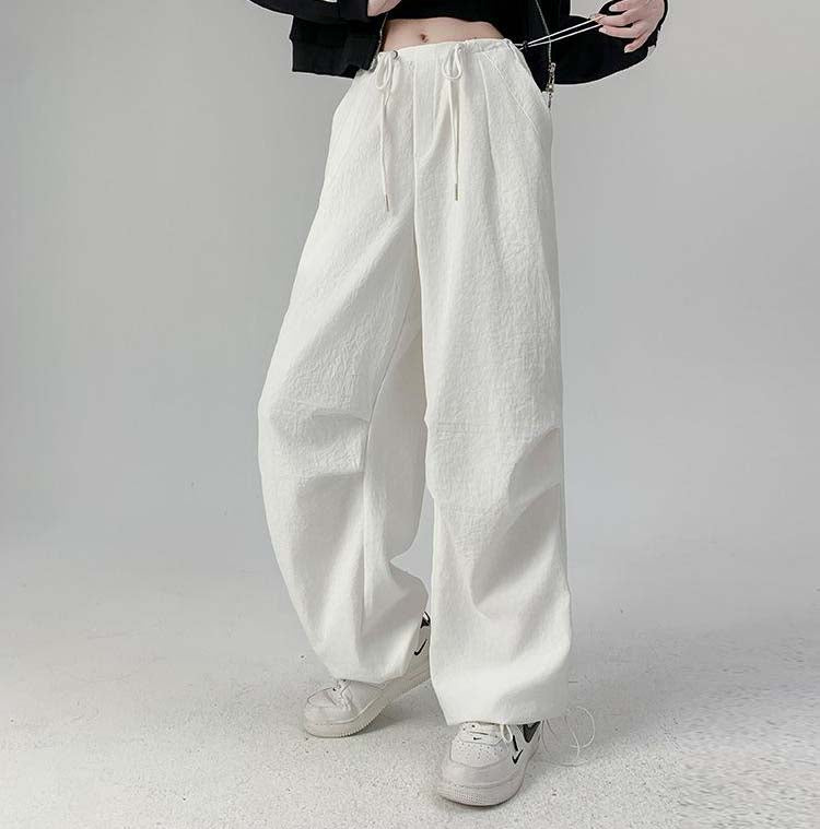 White Elastic Parachute Pants With Drawstring
