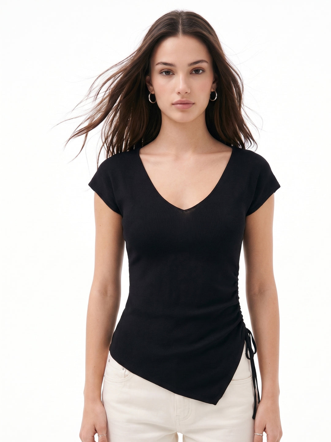 Black V Neck Top With Side Ruching