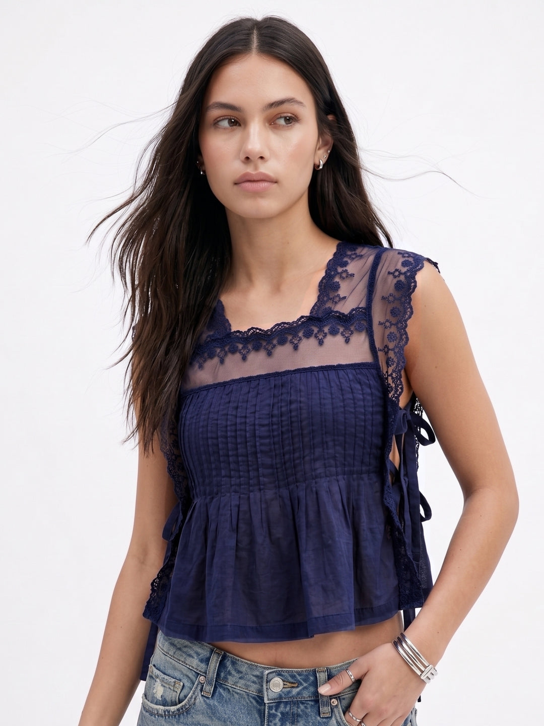 Blue Lace Detail Side Tie-Up Top