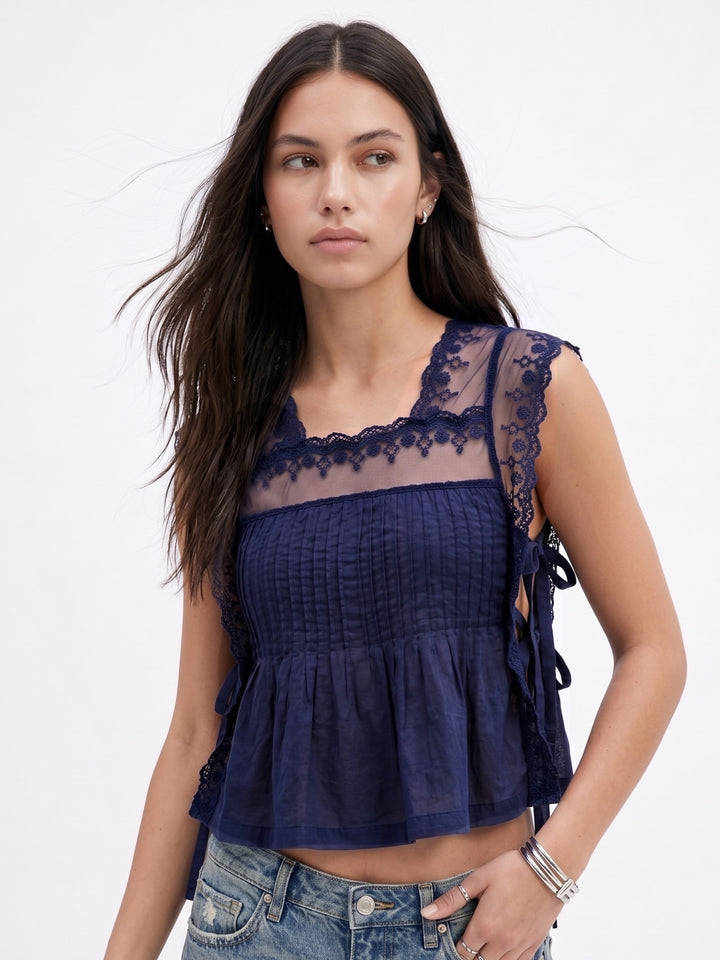 Blue Lace Detail Side Tie-Up Top