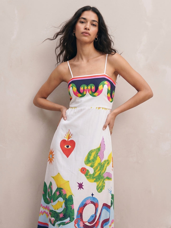 Off White Tropical Print Flared Maxi Dress