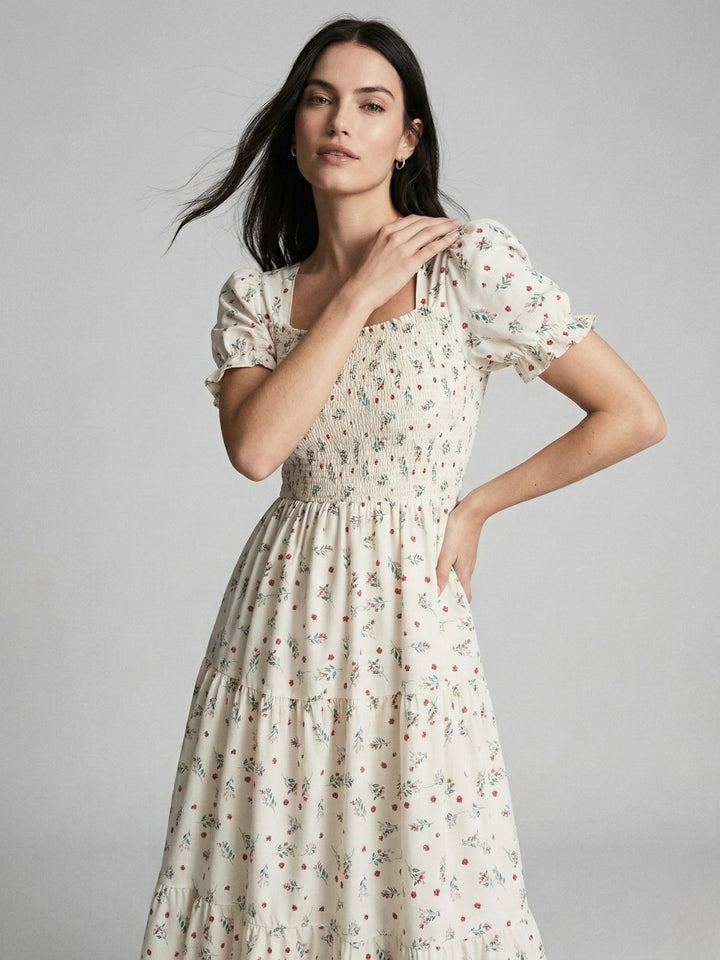 Cream Short Sleeve Square Neck Dress
