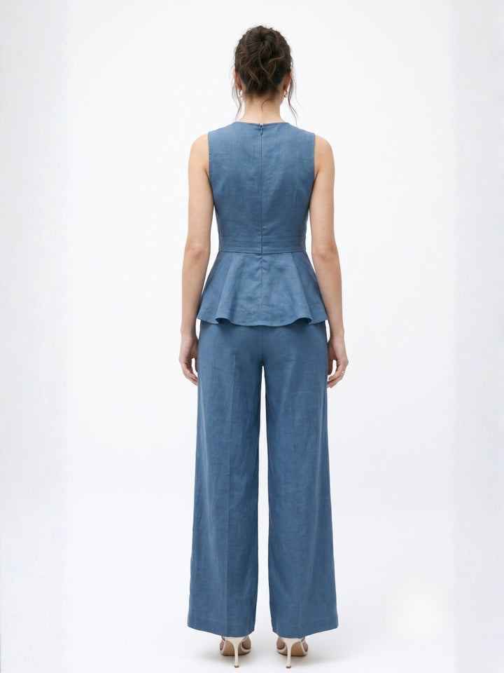 Blue Peplum Top With Wide Leg Trousers Co-Ord Set