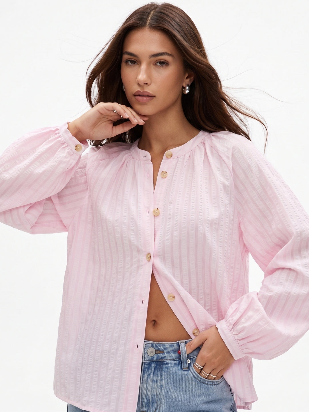 Pink Mandarin Collar Front Buttoned Shirt