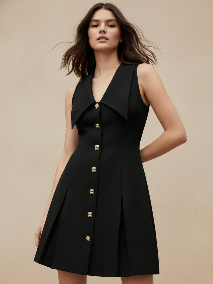 Black Plunge Neck Exaggerated Collared Dress