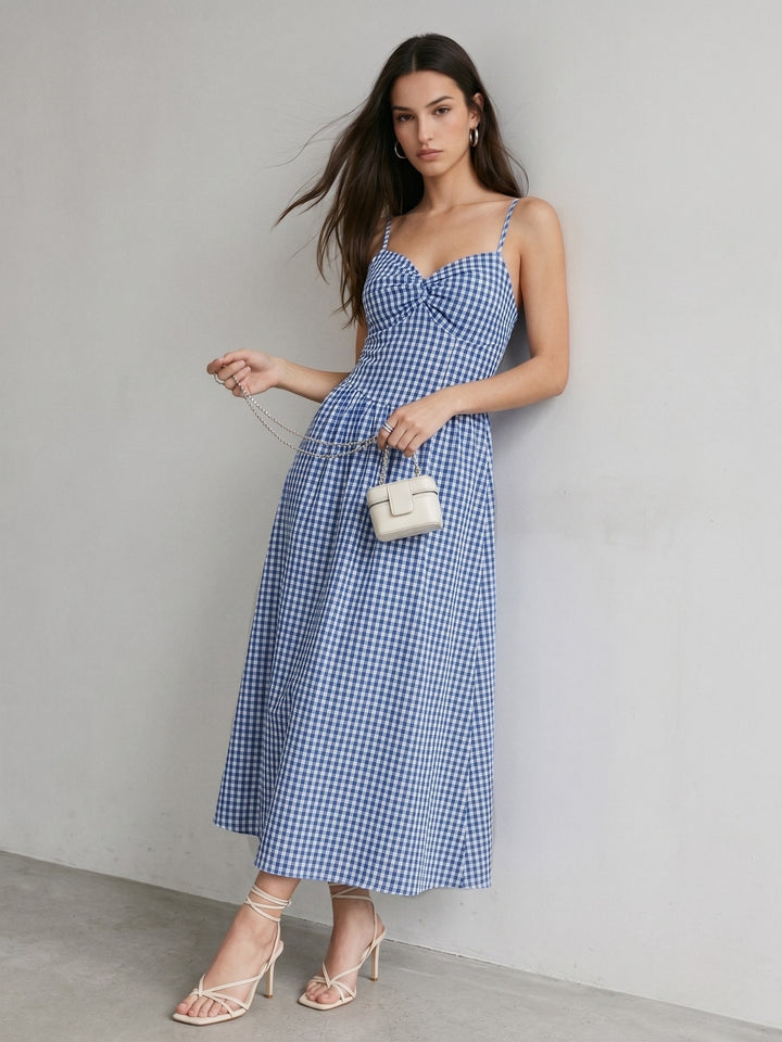 Blue Spaghetti Strap Corset Fit Checkered Dress