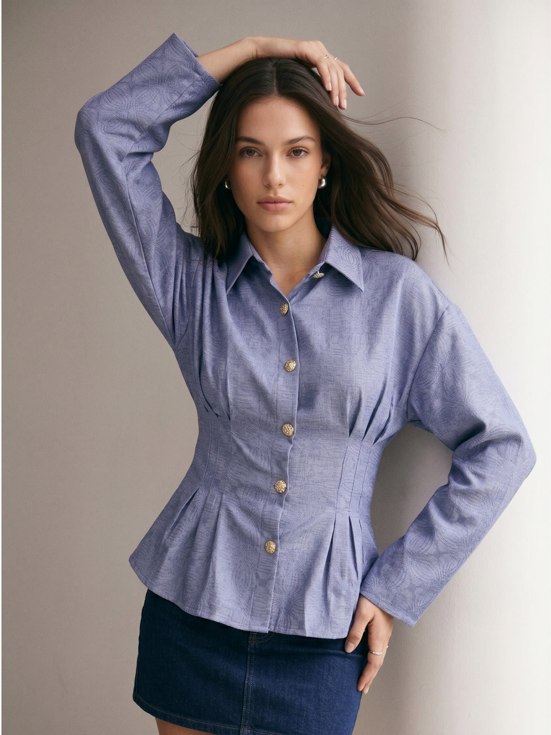 Blue Full Sleeves Front Pleated Shirt