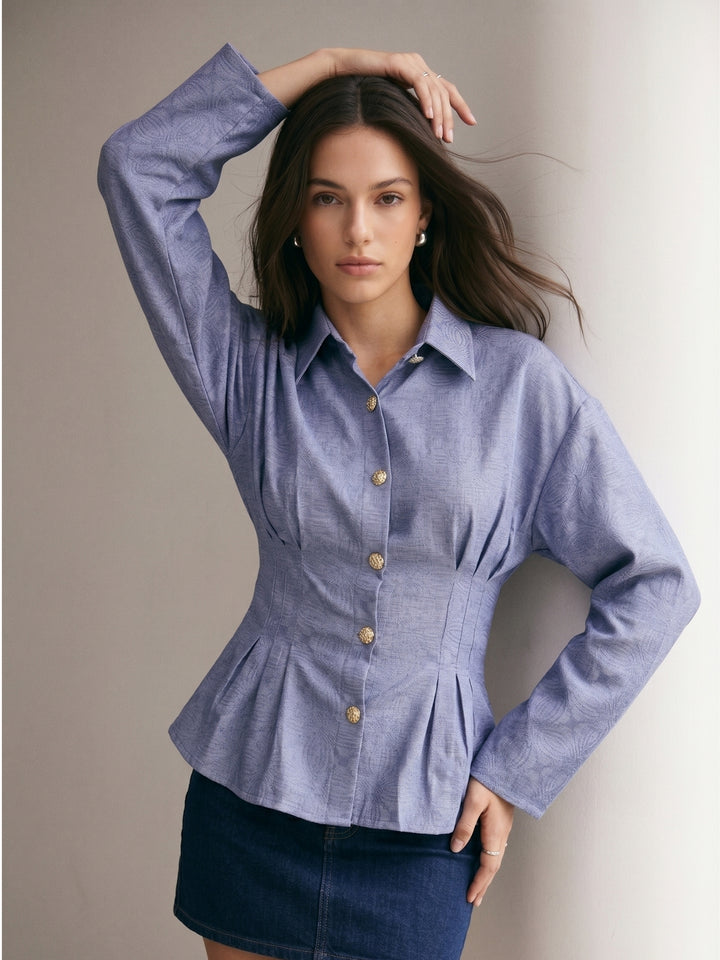 Blue Full Sleeves Front Pleated Shirt