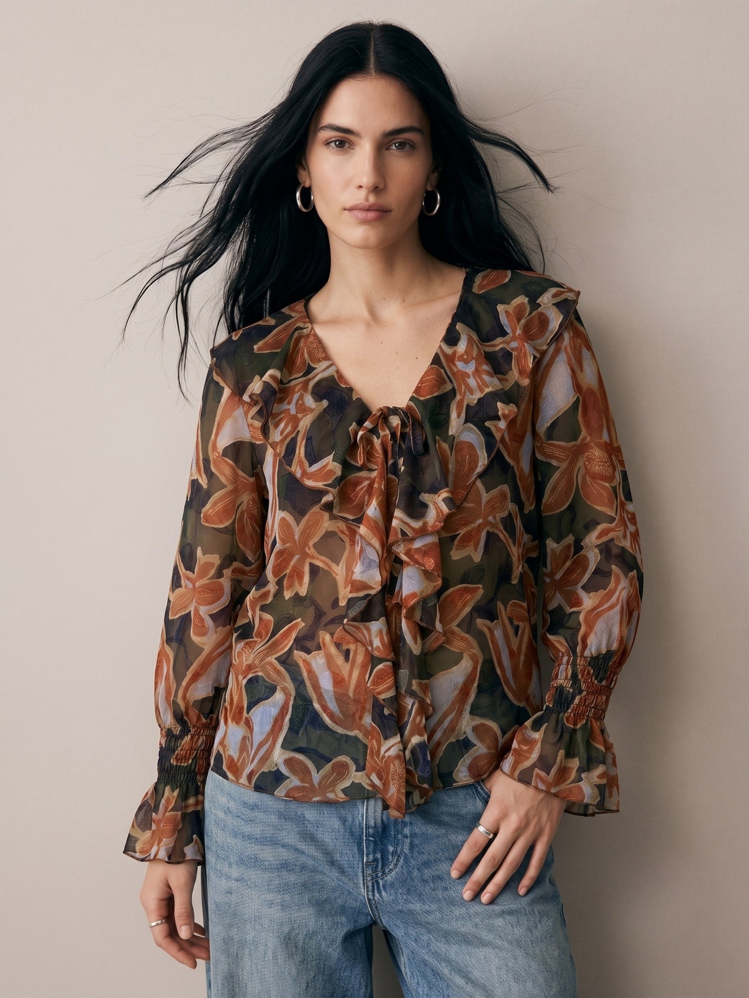 Brown V Neck Printed Neck Tie Up Ruffled Blouse