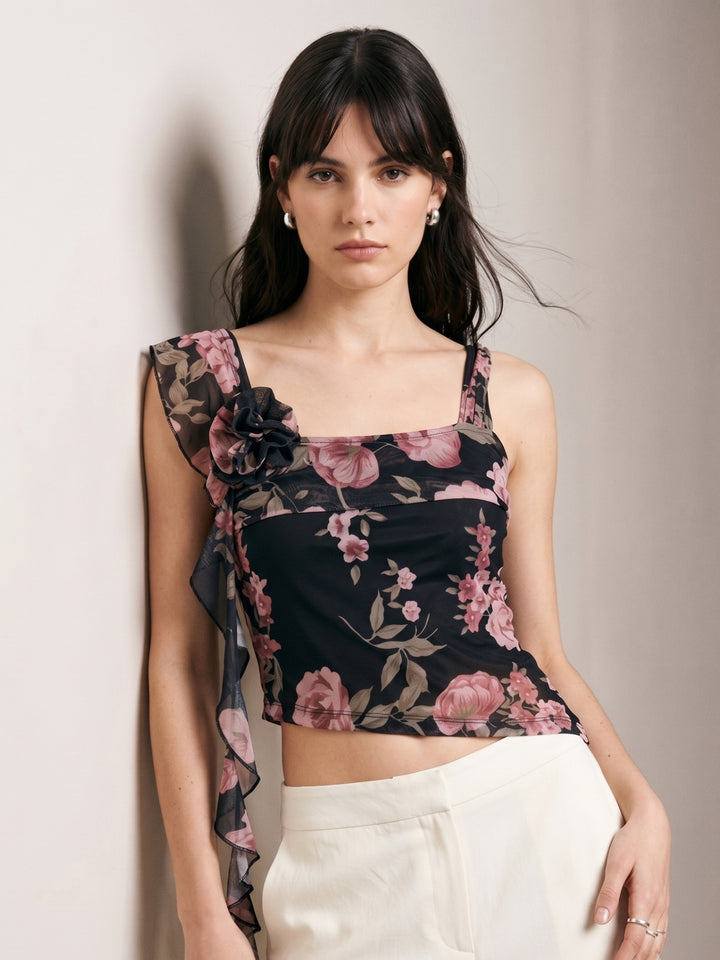 Black All Over Floral Printed Fitted Top
